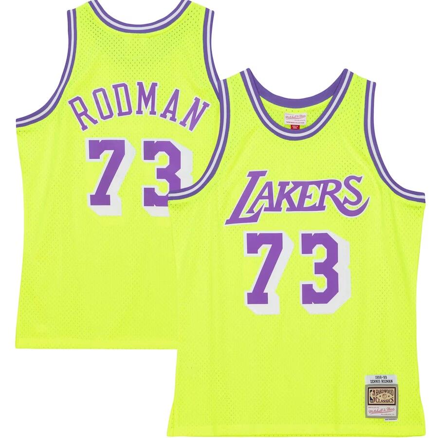 Men's Los Angeles Lakers #73 Dennis Rodman Mitchell & Ness Neon Yellow Hardwood Classics 1998/99 Tropical Swingman Jersey Men's Los Angeles Lakers #73 Dennis Rodman Mitchell & Ness Neon Yellow Hardwood Classics 1998/99 Tropical Swingman Jersey